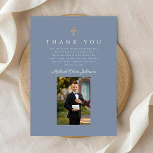Elegant Dusty Blue Catholic Boy First Communion Thank You Card