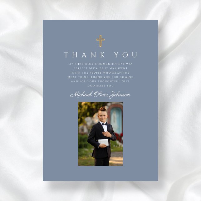Elegant Dusty Blue Catholic Boy First Communion Thank You Card (Elegant Dusty Blue Catholic Boy First Communion Thank You Card)