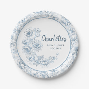 Elegant Dusty Blue Chinoiserie Baby Shower Paper Plate