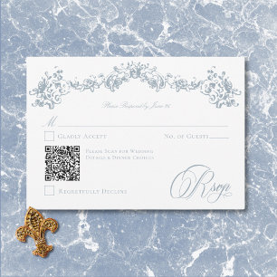 Elegant Dusty Blue Chinoiserie Cherub Wedding QR RSVP Card