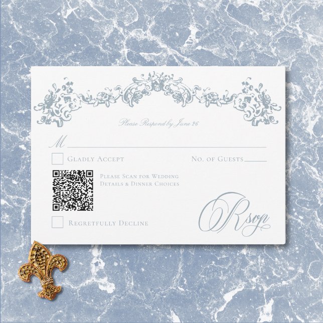 Elegant Dusty Blue Chinoiserie Cherub Wedding QR RSVP Card (Elegant Dusty Blue Chinoiserie Cherub Wedding QR RSVP Card)