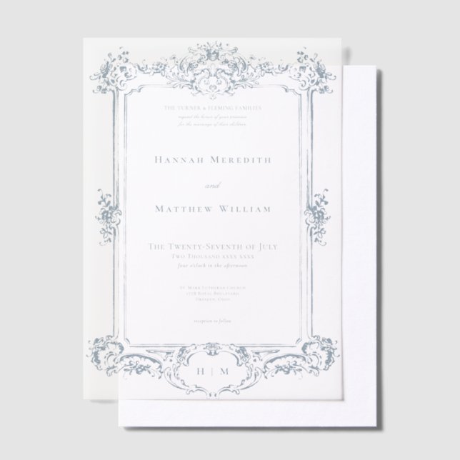 Elegant Dusty Blue Chinoiserie Cherub Wedding Vellum Invitations (Offset)
