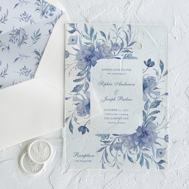 Elegant Dusty Blue Chinoiserie Floral Wedding Acrylic Invitations (Creator Uploaded)