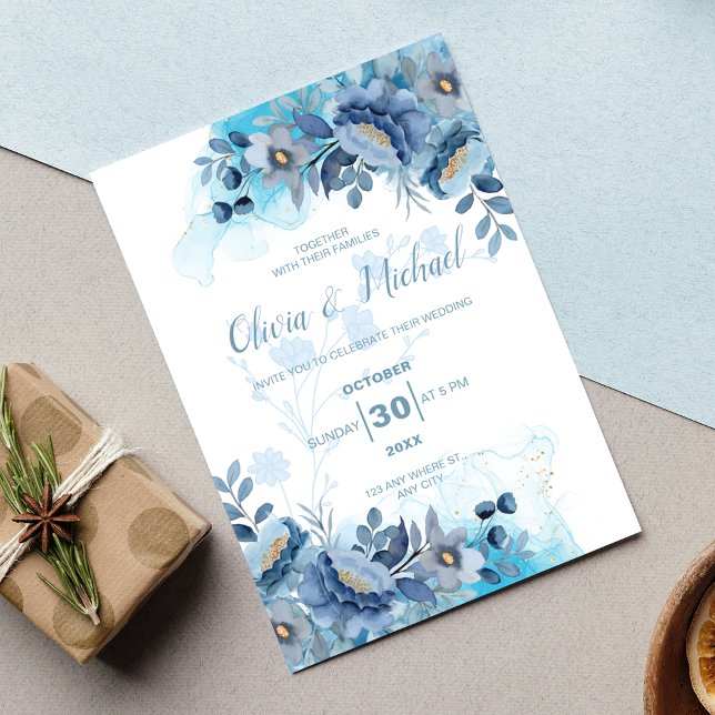 Elegant Dusty Blue Chinoiserie Floral Wedding Invitation (Creator Uploaded)