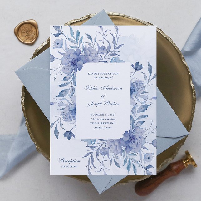 Elegant Dusty Blue Chinoiserie Floral Wedding Invitation (Creator Uploaded)