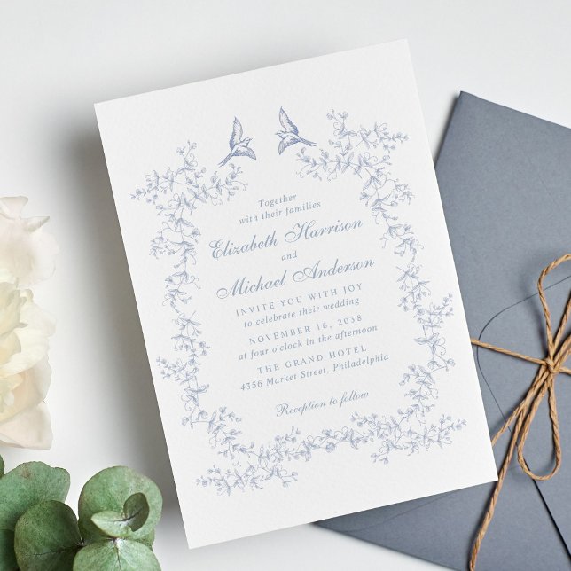 Elegant Dusty Blue Chinoiserie Watercolor Wedding Invitation (Creator Uploaded)