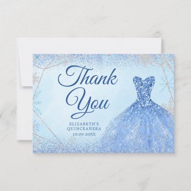 Elegant Dusty Blue Christmas Snowflake Mis Quince Thank You Card (Front)