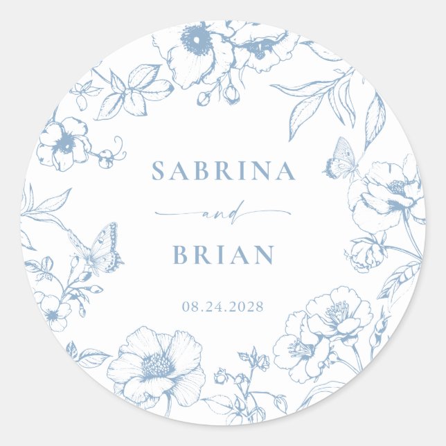 Elegant Dusty Blue Classic Floral Wedding  Round Sticker (Front)
