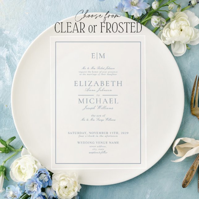 Elegant Dusty Blue Classic Script Monogram Wedding Acrylic Invitations (Creator Uploaded)