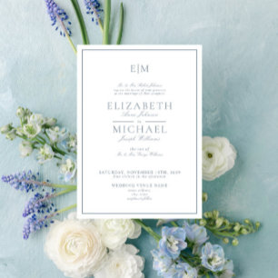 Elegant Dusty Blue Classic Script Monogram Wedding Invitation