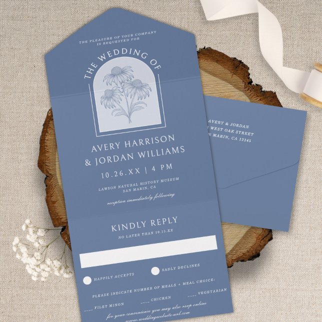 Elegant Dusty Blue Coneflower Botanical Wedding All In One Invitation (Creator Uploaded)
