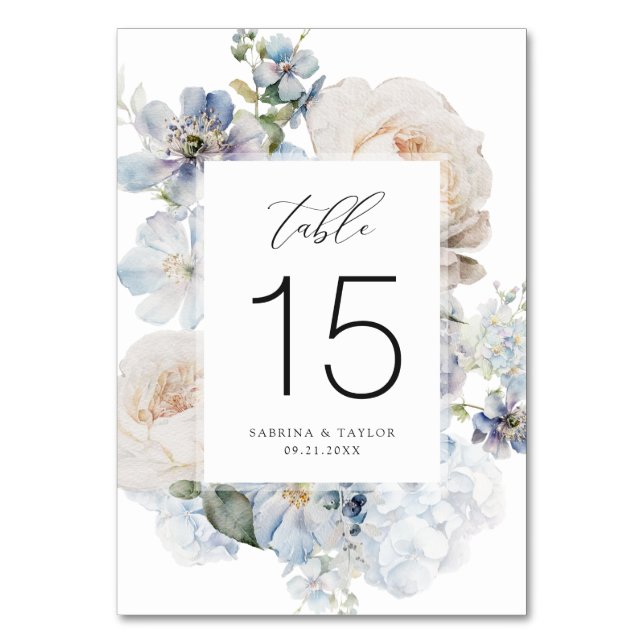 Elegant Dusty Blue Cream Roses Romantic Wedding Table Number (Front)
