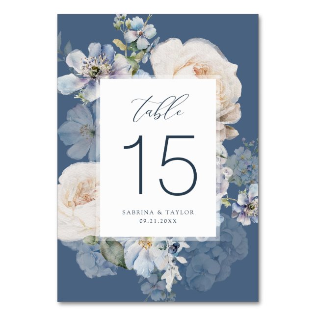 Elegant Dusty Blue Cream Roses Romantic Wedding Table Number (Front)