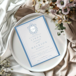 Elegant Dusty Blue Crest Monogram Wedding  Invitat Invitation