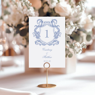Elegant Dusty Blue Crest Wedding Table Number