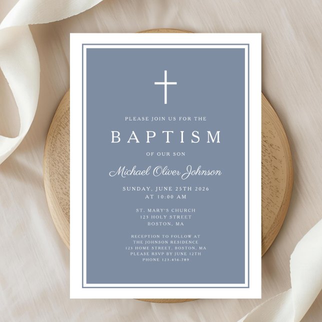 Elegant Dusty Blue Cross Baby Boy Baptism Invitation (Elegant Dusty Blue Cross Baby Boy Baptism Invitation)