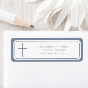 Elegant Dusty Blue Cross Boy Baptism Address  Return Address Label