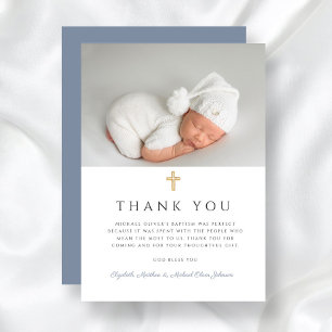 Elegant Dusty Blue Cross Boy Baptism Photo Thank You Card