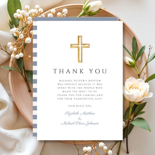 Elegant Dusty Blue Cross Boy Baptism Thank You Card (Elegant Dusty Blue Cross Boy Baptism Thank You Card)