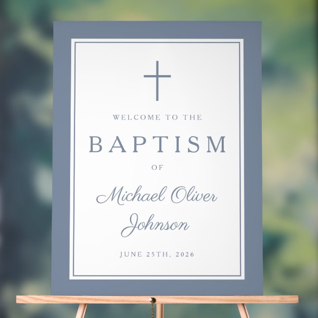 Elegant Dusty Blue Cross Boy Baptism Welcome Acrylic Sign (Neutral)