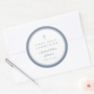 Elegant Dusty Blue Cross Boy First Communion Classic Round Sticker