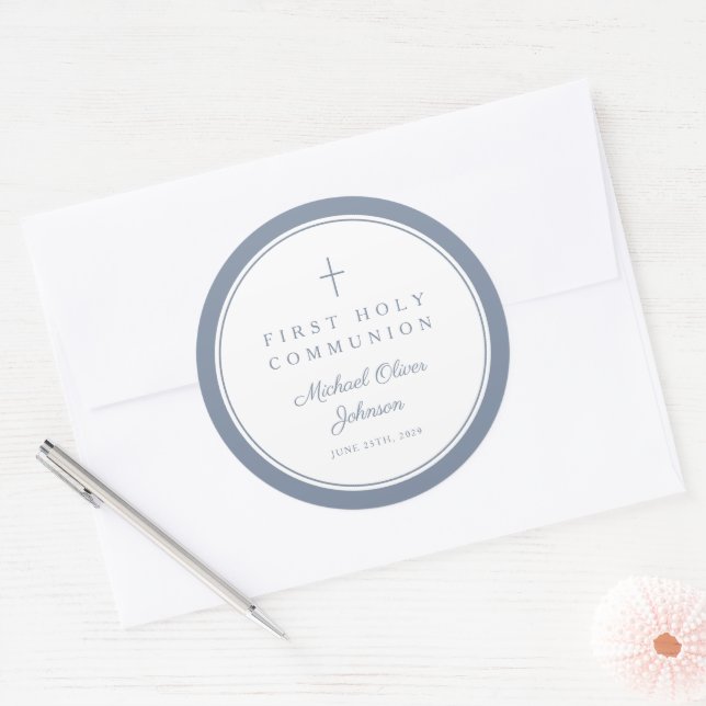 Elegant Dusty Blue Cross Boy First Communion  Classic Round Sticker (Envelope)