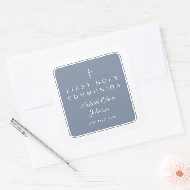 Elegant Dusty Blue Cross Boy First Communion  Square Sticker (Envelope)
