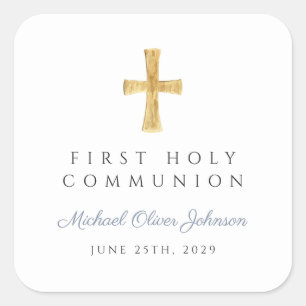 Elegant Dusty Blue Cross Boy First Communion Square Sticker