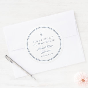 Elegant Dusty Blue Cross Boy First Holy Communion Classic Round Sticker