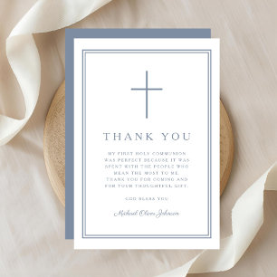 Elegant Dusty Blue Cross Boy First Holy Communion Thank You Card