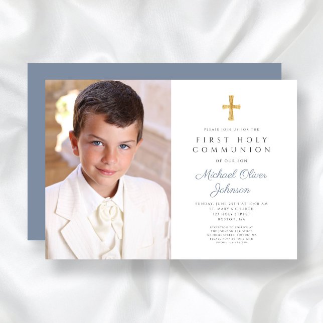 Elegant Dusty Blue Cross Photo Boy First Communion Invitation (Elegant Dusty Blue Cross Photo Boy First Communion Invitation)