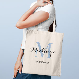 Elegant Dusty Blue Custom Wedding Bridesmaid Name Tote Bag