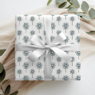 Elegant Dusty Blue Daisies Floral Wrapping Paper
