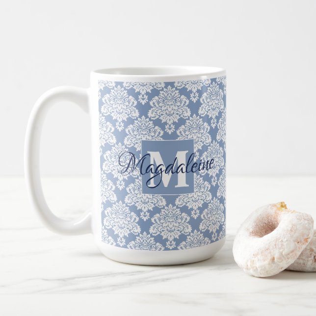 Elegant Dusty Blue Damask Lace Monogram and Name Coffee Mug (With Donut)