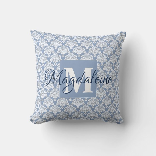 Elegant Dusty Blue Damask Monogram & Name Cushion (Front)