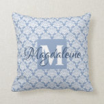 Elegant Dusty Blue Damask Monogram & Name Cushion<br><div class="desc">This beautiful pillow features a classic white damask pattern over a light blue grey background. The design is personalised with a monogram initial letter as well as a customisable name. Perfect addition to a dorm room,  bedroom,  or any room where you want a simple,  elegant style.</div>