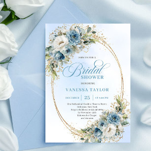 Elegant Dusty Blue Eucalyptus Gold Bridal Shower  Invitation