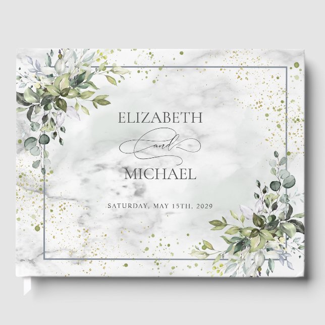 Elegant Dusty Blue Eucalyptus Greenery Marble Guest Book (Front)