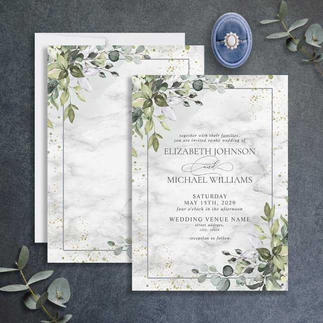 Elegant Dusty Blue Eucalyptus Greenery Marble Invitation (Creator Uploaded)