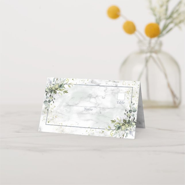 Elegant Dusty Blue Eucalyptus Greenery Marble Place Card (Front)