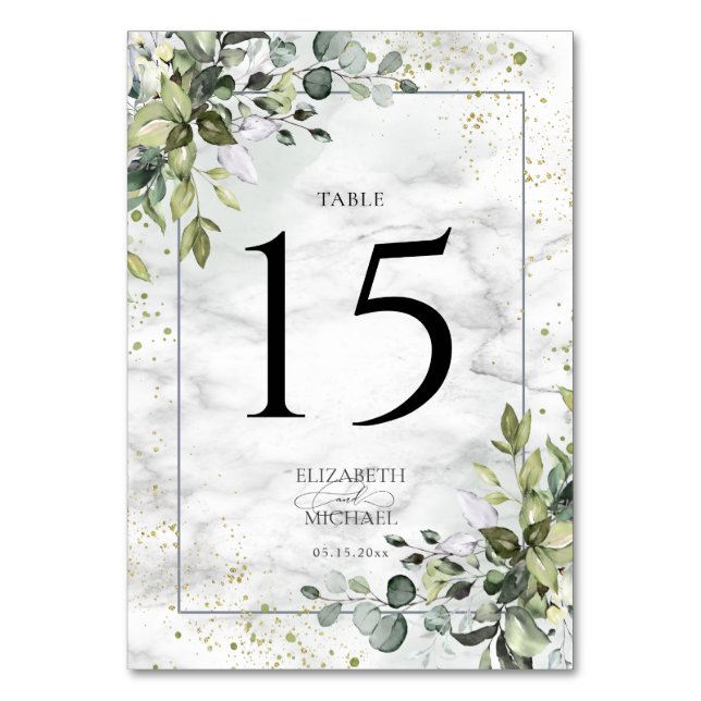 Elegant Dusty Blue Eucalyptus Greenery Marble Table Number (Front)