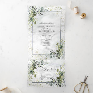 Elegant Dusty Blue Eucalyptus Greenery Marble Tri-Fold Invitation