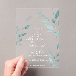 Elegant Dusty Blue Eucalyptus Teal Floral Wedding Acrylic Invitations
