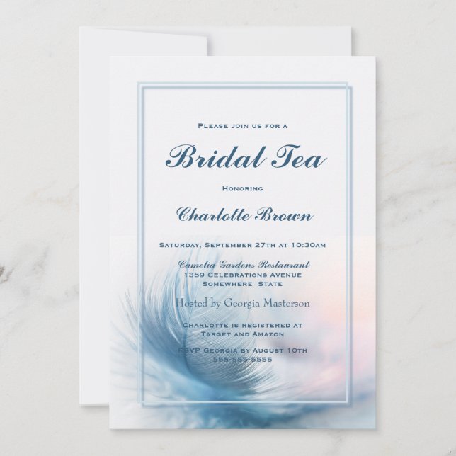Elegant Dusty Blue Feather Bridal Tea Invitation (Front)