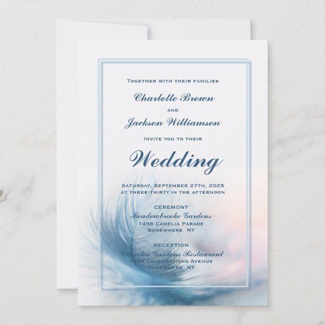 Elegant Dusty Blue Feather Wedding Invitation (Front)