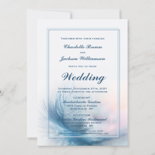 Elegant Dusty Blue Feather Wedding Invitation