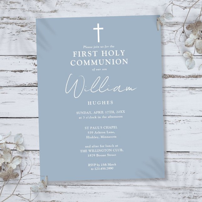 Elegant Dusty Blue First Holy Communion Invitation Postcard (Elegant Dusty Blue First Holy Communion Invitation Postcard)