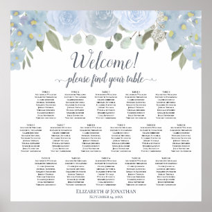 Elegant Dusty Blue Floral 16 Table Seating Chart
