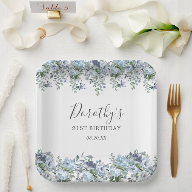 Elegant Dusty Blue Floral 21st Birthday Custom Paper Plate (Wedding)