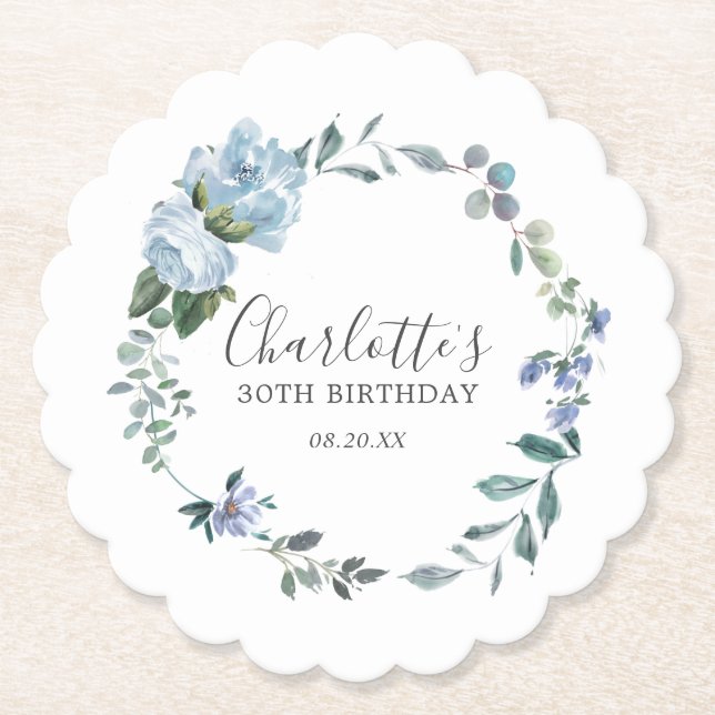 Elegant Dusty Blue Floral 30th Birthday Custom Paper Coaster (Front)
